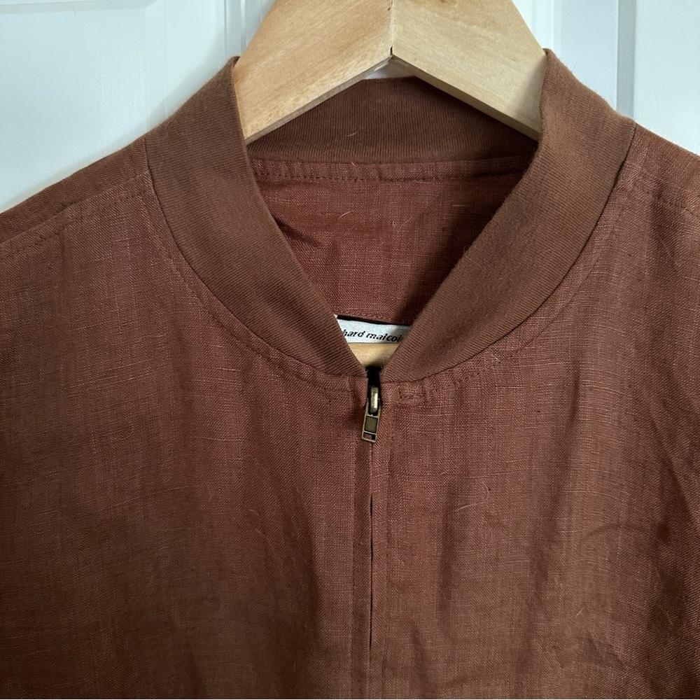 Brown Linen Bomber Jacket - Picture 6 of 7